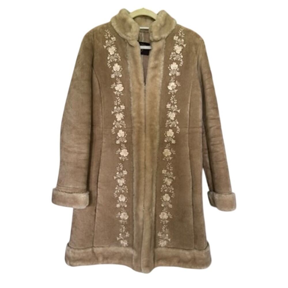 VTG 90s GUESS Emboidered Genuine Leather Suede Penny Lane Coat Faux Fur Trim L